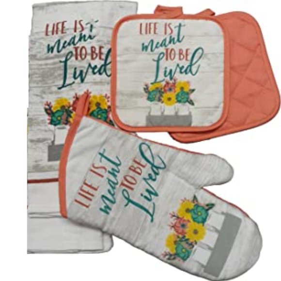 4PC Set Kitchen Oven Mitt & 2 Pot Holders & Towel - Life Is Meant To Be Lived - Picture 1 of 1